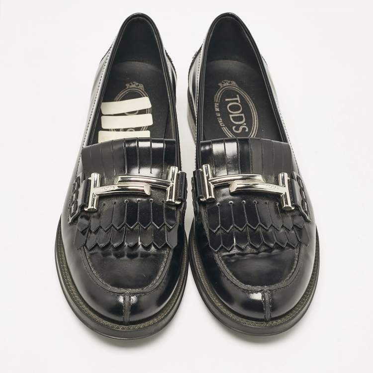 Pre Owned Tod's Black Leather Double T Fringed Loafers Size 37
