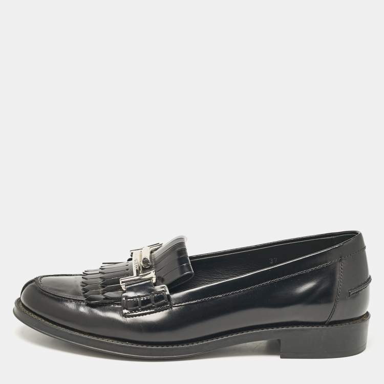 Pre Owned Tod's Black Leather Double T Fringed Loafers Size 37