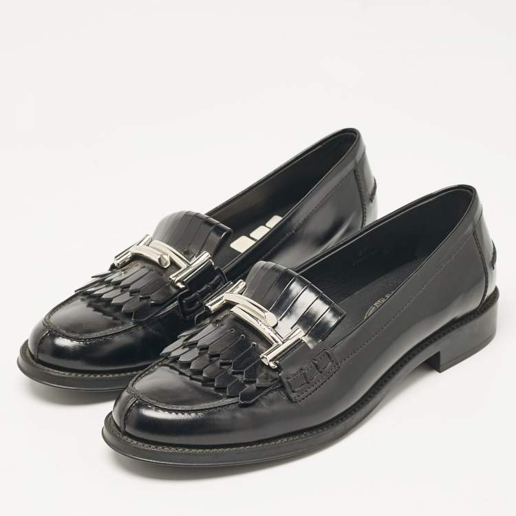 Pre Owned Tod's Black Leather Double T Fringed Loafers Size 37