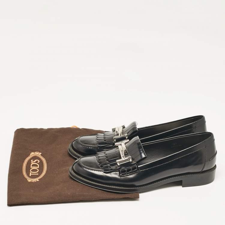 Pre Owned Tod's Black Leather Double T Fringed Loafers Size 37