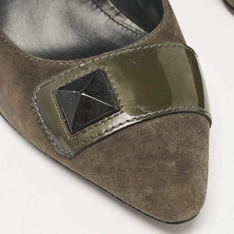 Pre Owned Tod's Grey/Olive Green Patent and Suede Pointed Toe Pumps Size 38