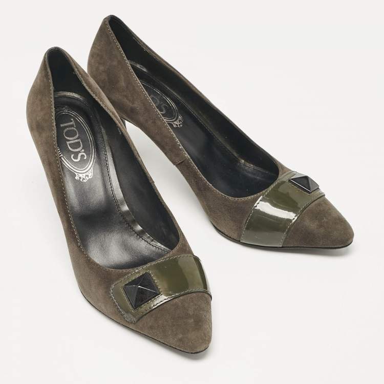 Pre Owned Tod's Grey/Olive Green Patent and Suede Pointed Toe Pumps Size 38