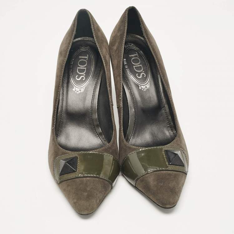 Pre Owned Tod's Grey/Olive Green Patent and Suede Pointed Toe Pumps Size 38