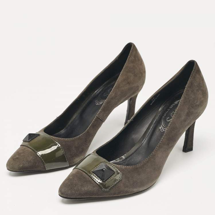 Pre Owned Tod's Grey/Olive Green Patent and Suede Pointed Toe Pumps Size 38