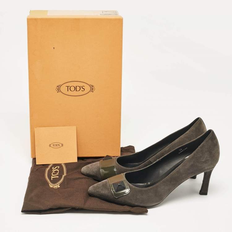 Pre Owned Tod's Grey/Olive Green Patent and Suede Pointed Toe Pumps Size 38