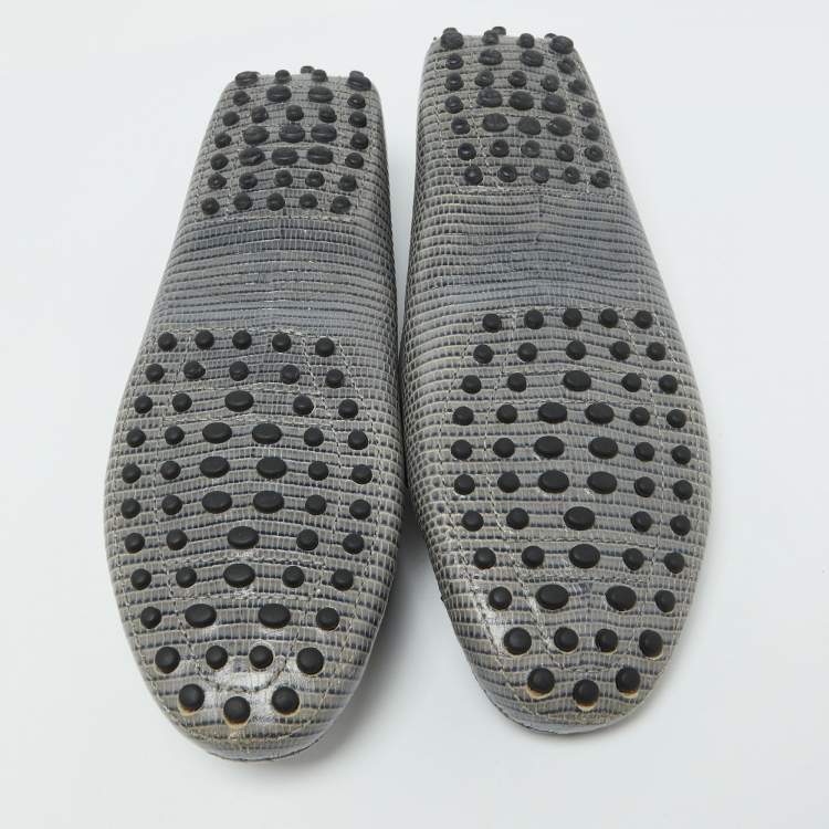 Pre Owned Tod's Grey Lizard Embossed Leather Bow Slip On Loafers Size 35