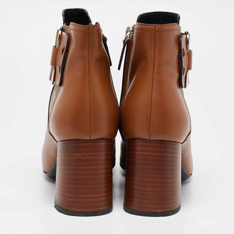 Pre Owned Tod's Brown Leather Buckle Detail Ankle Booties Size 39