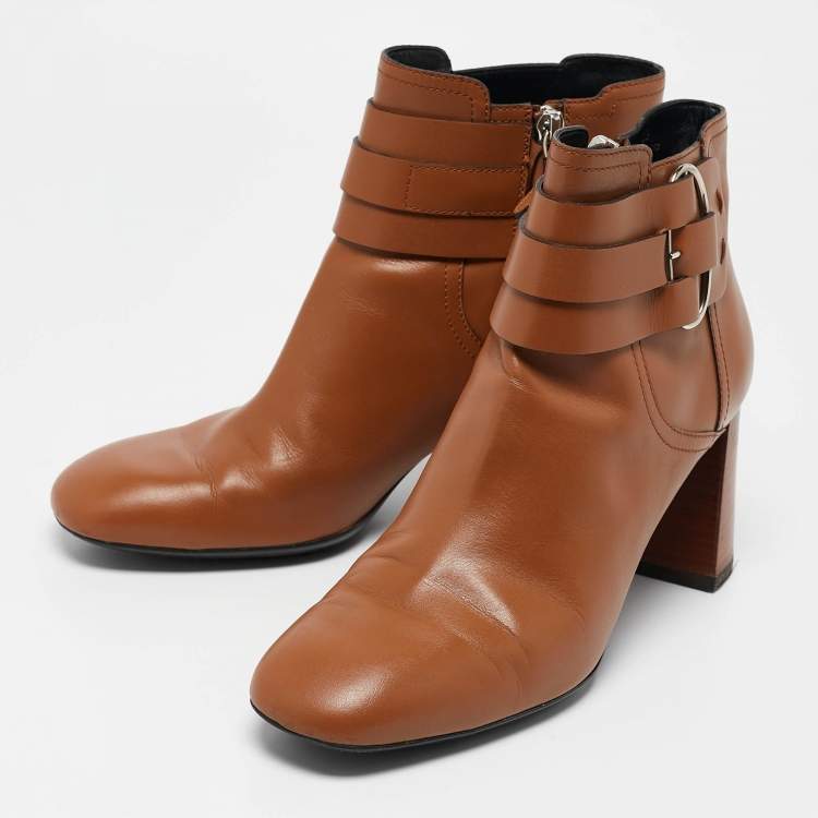 Pre Owned Tod's Brown Leather Buckle Detail Ankle Booties Size 39