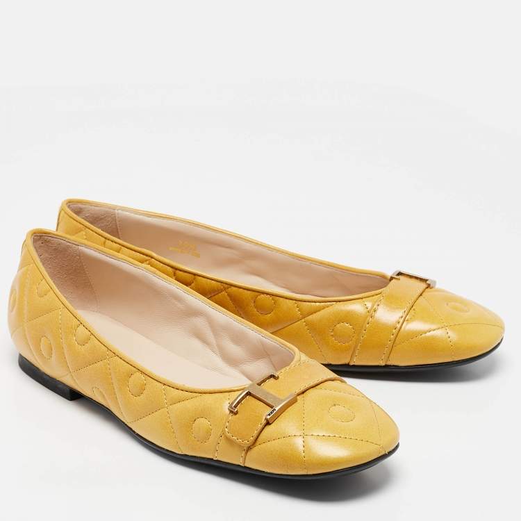 Pre Owned Tod's Yellow Quilted Leather T Buckle Ballet Flats Size 39.5