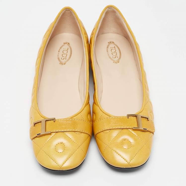 Pre Owned Tod's Yellow Quilted Leather T Buckle Ballet Flats Size 39.5
