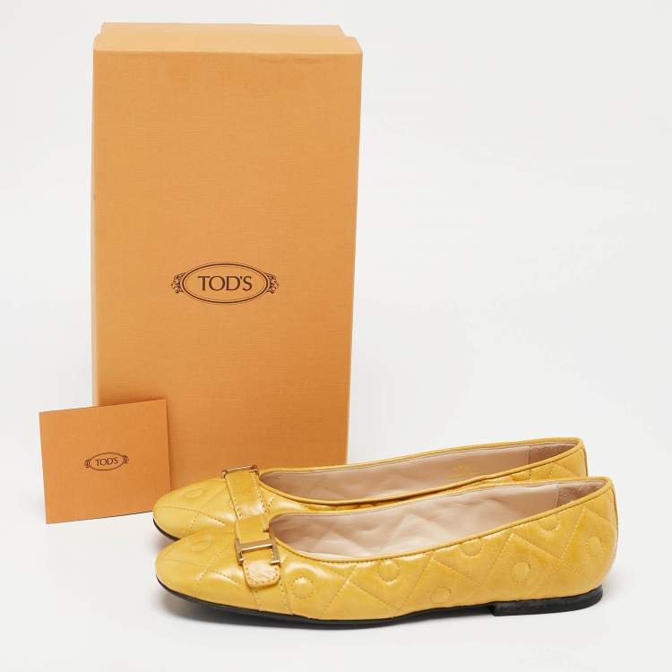 Pre Owned Tod's Yellow Quilted Leather T Buckle Ballet Flats Size 39.5