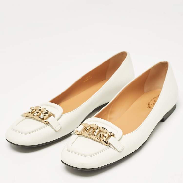 Pre Owned Tod's White Leather Chain Buckle Ballet Flats Size 39.5