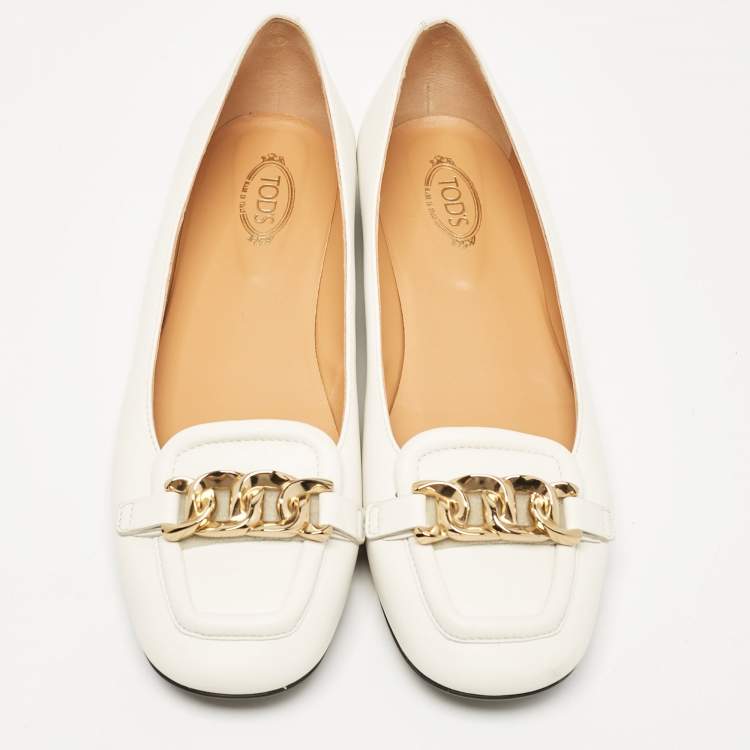 Pre Owned Tod's White Leather Chain Buckle Ballet Flats Size 39.5