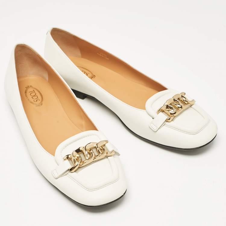 Pre Owned Tod's White Leather Chain Buckle Ballet Flats Size 39.5