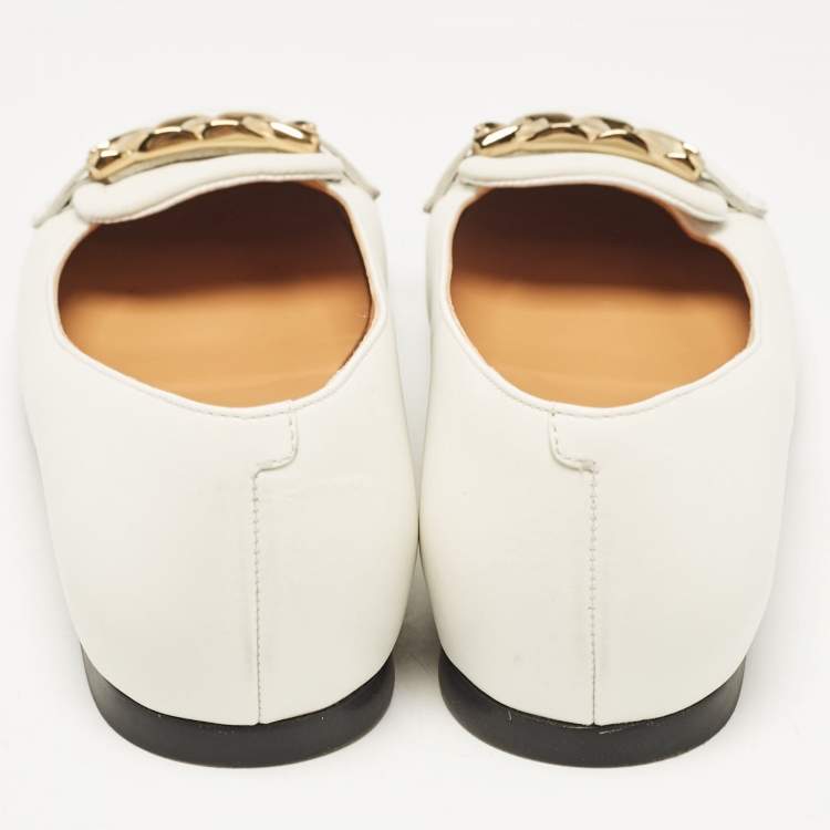 Pre Owned Tod's White Leather Chain Buckle Ballet Flats Size 39.5