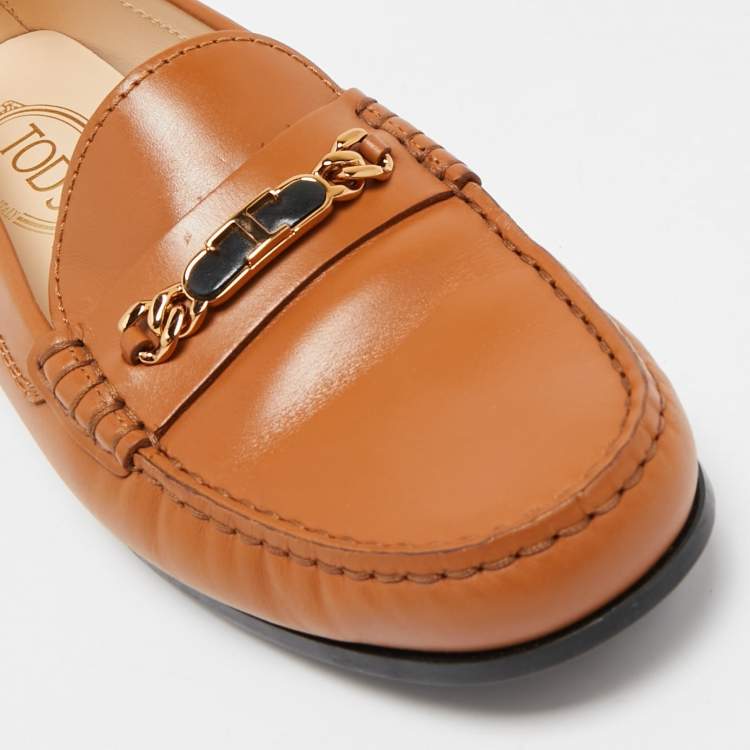 Pre Owned Tod's Tan Leather T Buckle Loafers Size 39.5