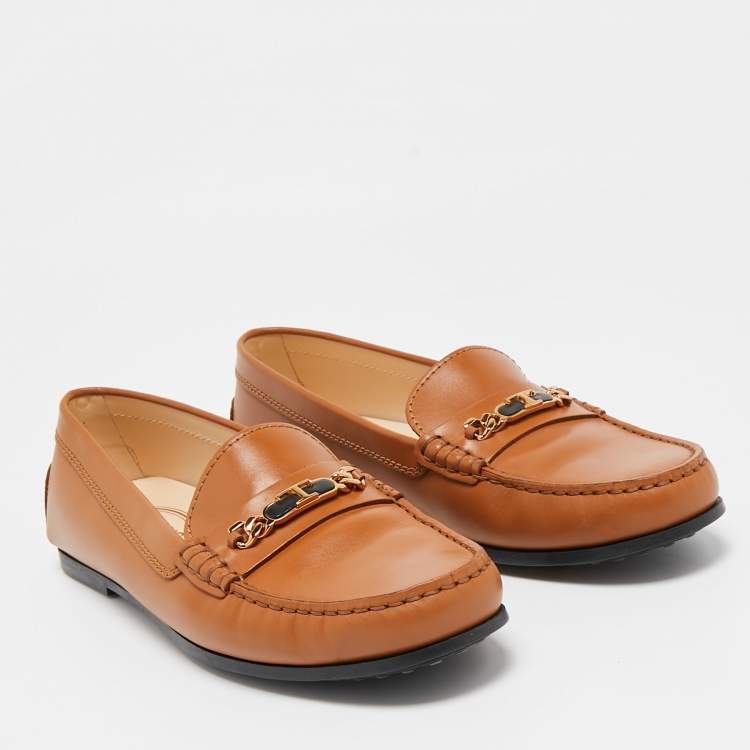 Pre Owned Tod's Tan Leather T Buckle Loafers Size 39.5