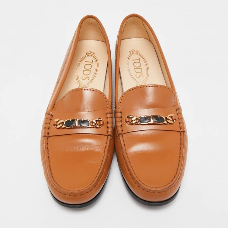 Pre Owned Tod's Tan Leather T Buckle Loafers Size 39.5