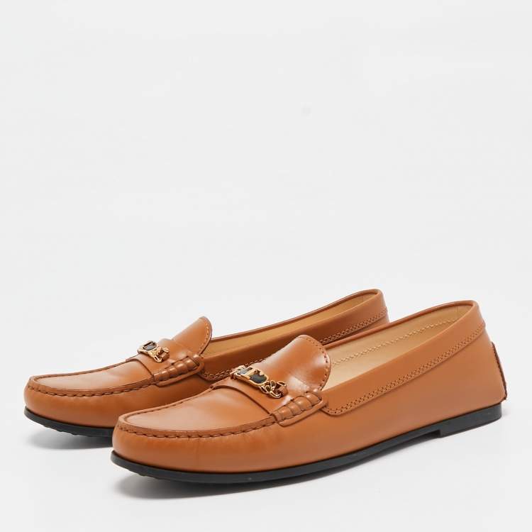 Pre Owned Tod's Tan Leather T Buckle Loafers Size 39.5