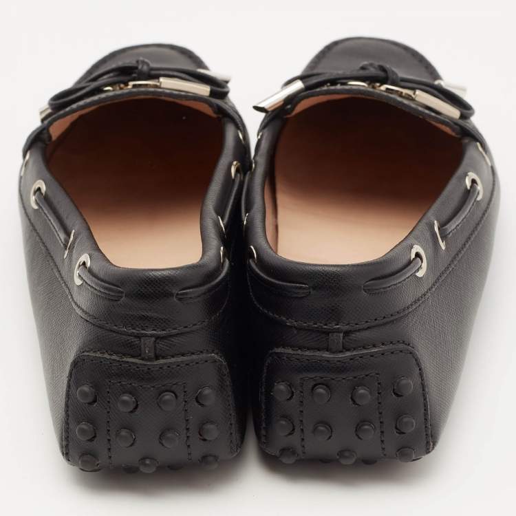 Pre Owned Tod's Black Saffiano Leather Logo Bow Slip On Loafers Size 39