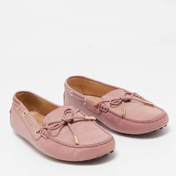 Pre Owned Tod's Light Pink Leather Bow Slip On Loafers Size 40