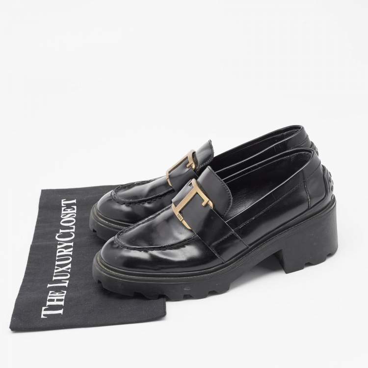 Pre Owned Tod's Black Leather Platform Loafers Size 37