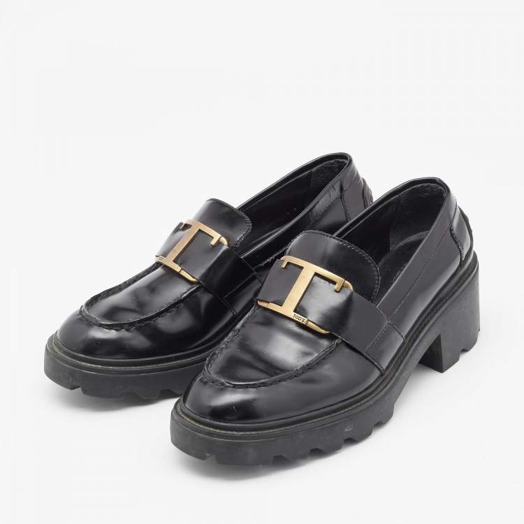 Pre Owned Tod's Black Leather Platform Loafers Size 37