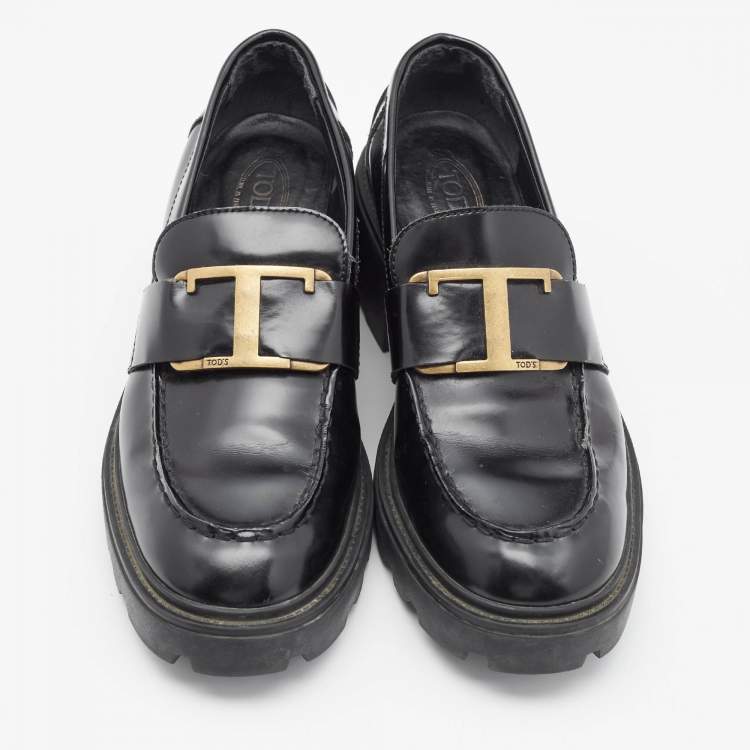 Pre Owned Tod's Black Leather Platform Loafers Size 37