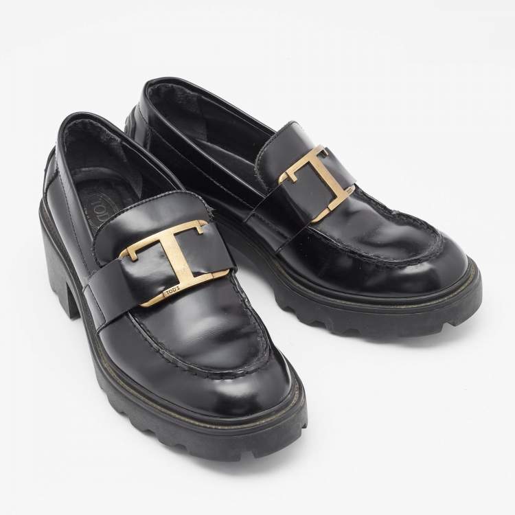 Pre Owned Tod's Black Leather Platform Loafers Size 37