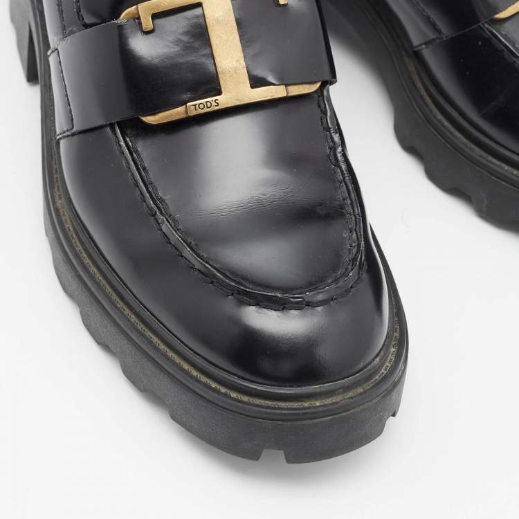 Pre Owned Tod's Black Leather Platform Loafers Size 37