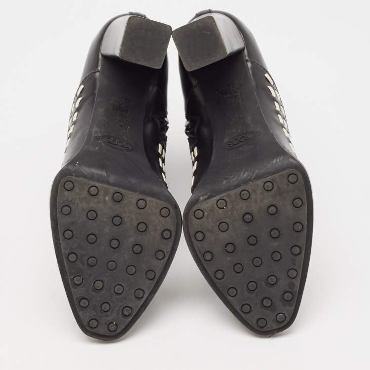 Pre Owned Tod's Black Leather Cross-Stitch Gipsy Ankle Boots Size 36