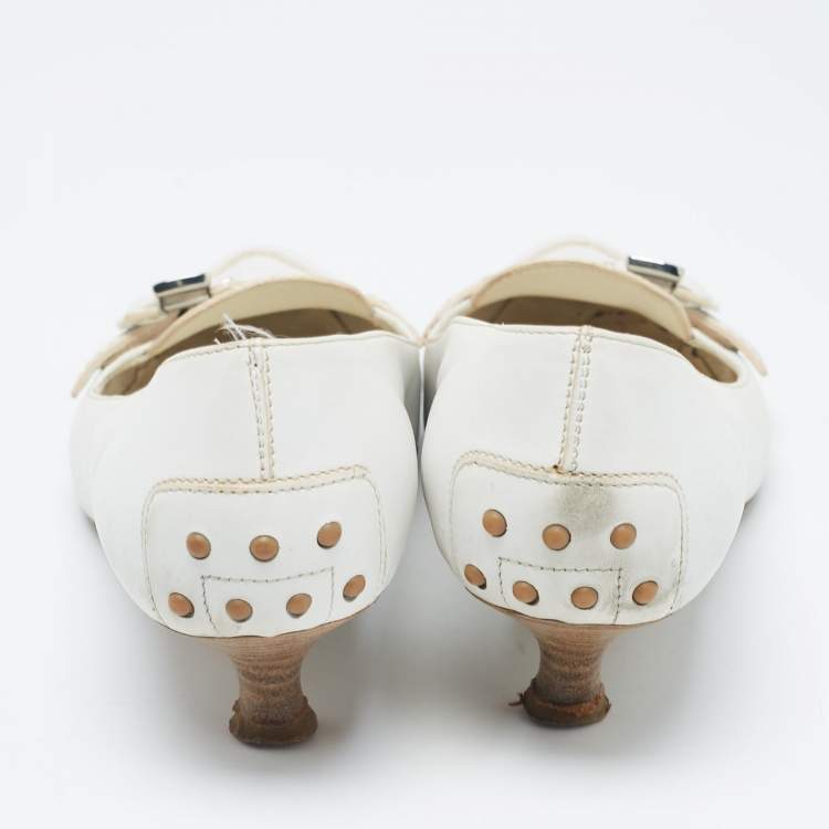 Pre Owned Tod's White Leather Buckle Loafer Pumps Size 38.5