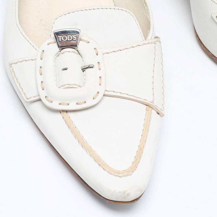 Pre Owned Tod's White Leather Buckle Loafer Pumps Size 38.5
