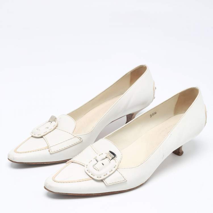 Pre Owned Tod's White Leather Buckle Loafer Pumps Size 38.5