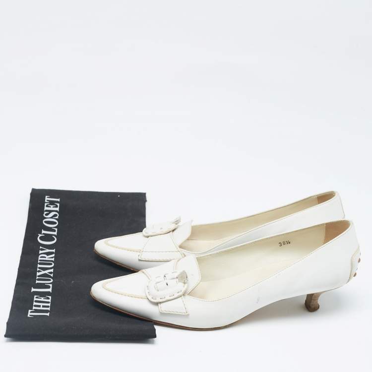 Pre Owned Tod's White Leather Buckle Loafer Pumps Size 38.5