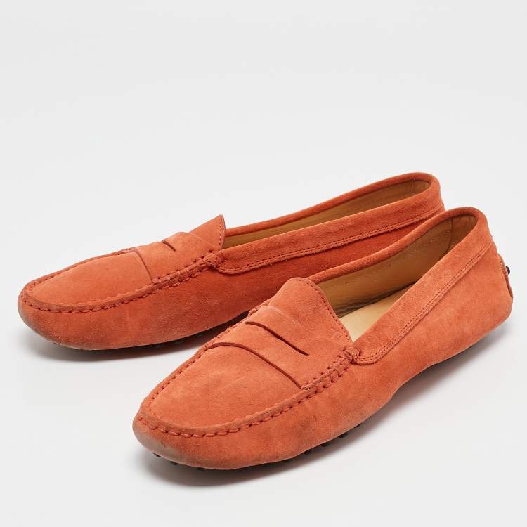 Pre Owned Tod's Orange Suede Penny Slip On Loafers Size 39