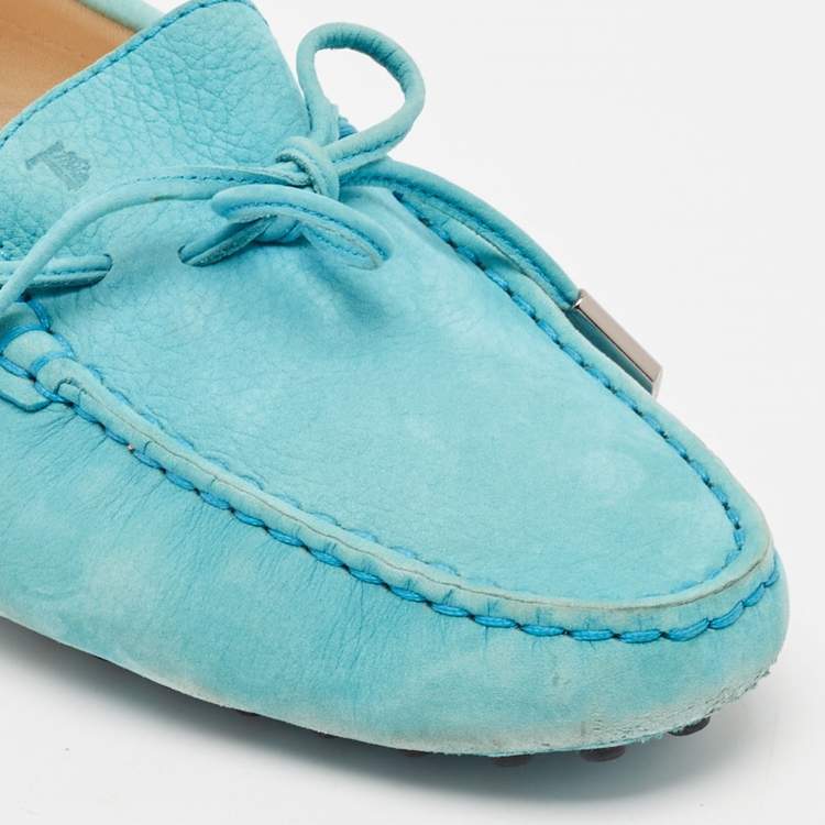 Pre Owned Tod's Blue Nubuck Leather Bow Slip On Loafers Size 39