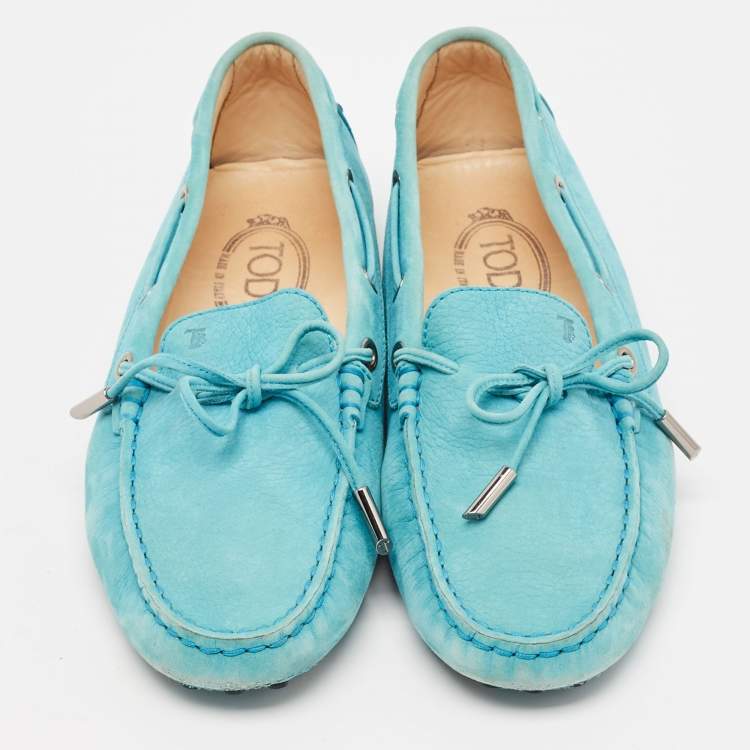 Pre Owned Tod's Blue Nubuck Leather Bow Slip On Loafers Size 39