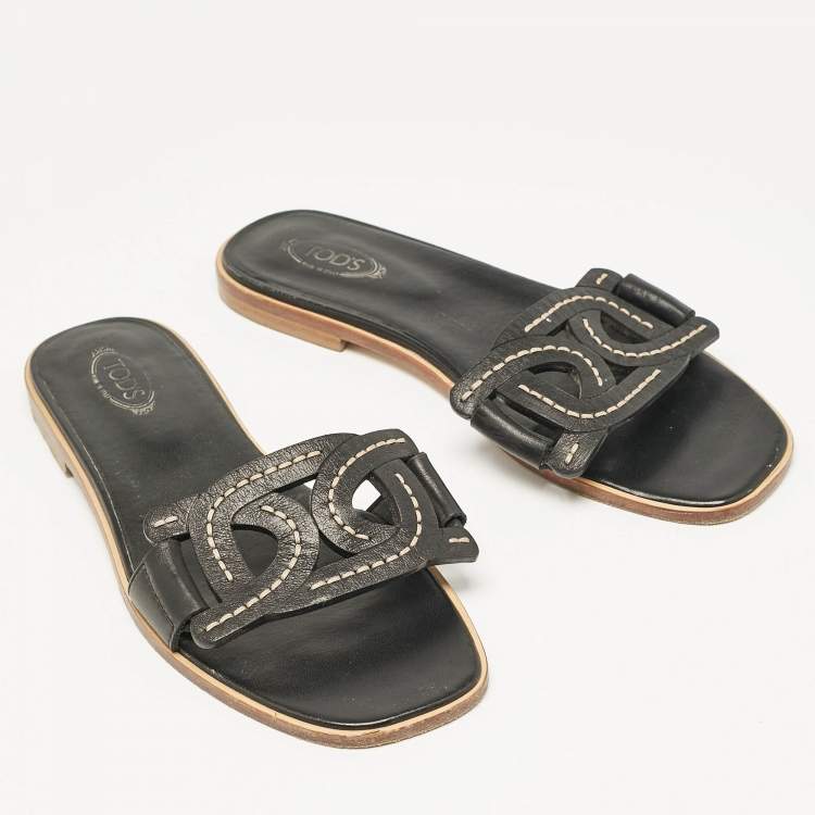 Pre Owned Tod's Black Leather Kate Flat Sandals Size 38