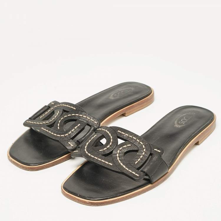 Pre Owned Tod's Black Leather Kate Flat Sandals Size 38