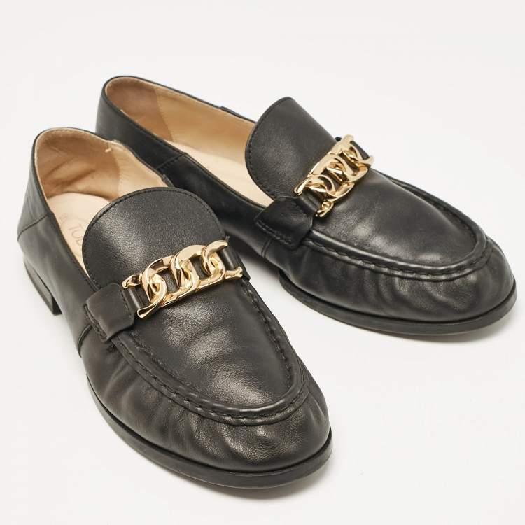 Pre Owned Tod's Black Leather Slip On Penny Loafers Size 38