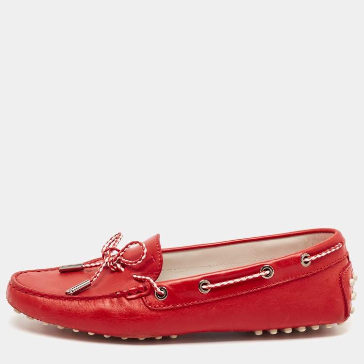 Pre Owned Tod's Red Leather Gommino Slip On Loafers Size 38.5