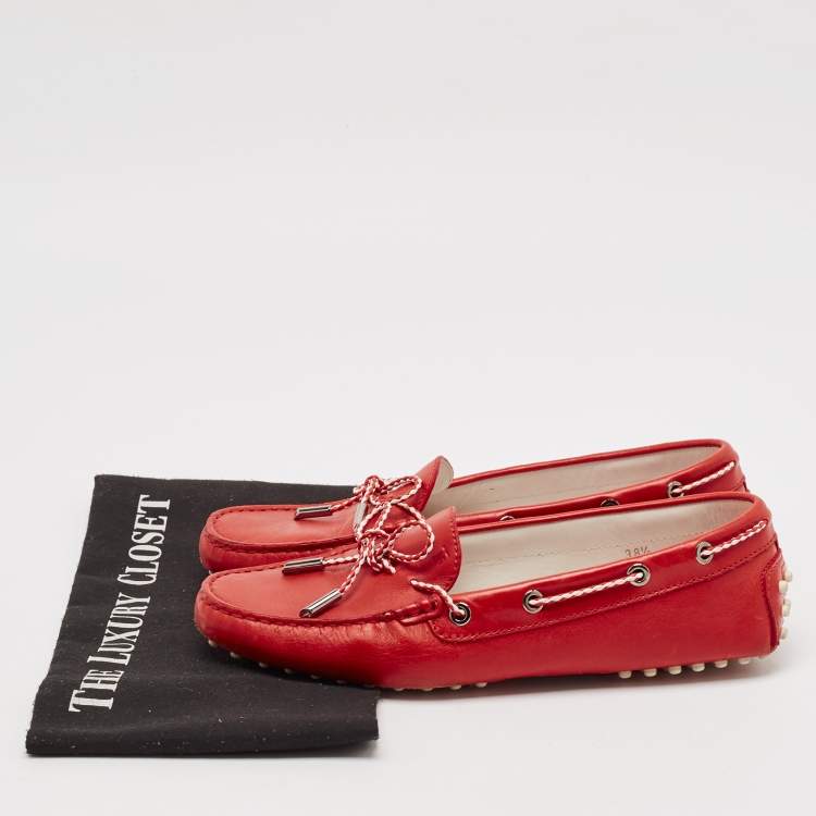 Pre Owned Tod's Red Leather Gommino Slip On Loafers Size 38.5