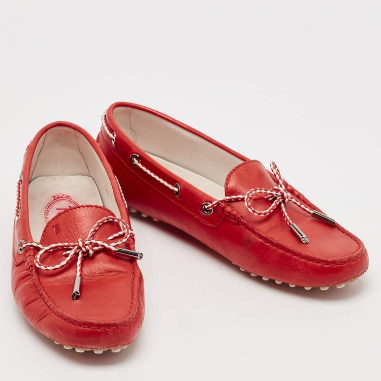 Pre Owned Tod's Red Leather Gommino Slip On Loafers Size 38.5