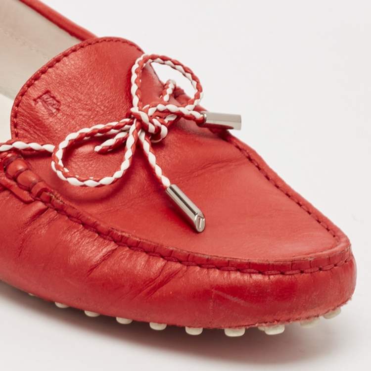 Pre Owned Tod's Red Leather Gommino Slip On Loafers Size 38.5