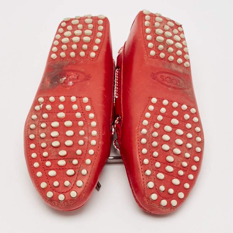 Pre Owned Tod's Red Leather Gommino Slip On Loafers Size 38.5