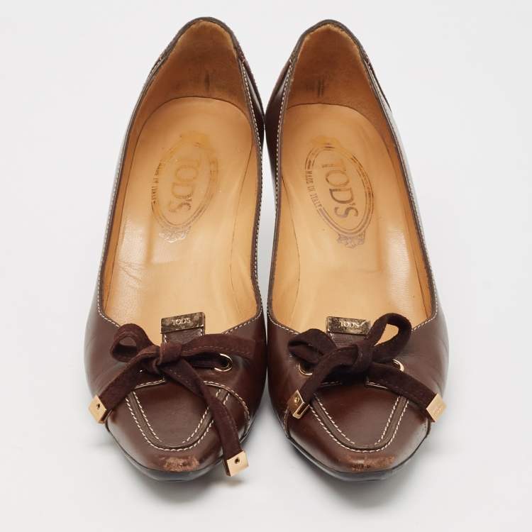 Pre Owned Tod's Brown Leather Bow Loafer Pumps Size 38.5