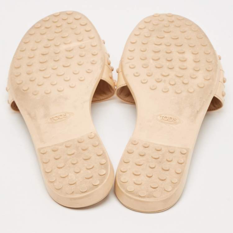 Pre Owned Tod's Beige Leather Studded Flat Slides Size 40 