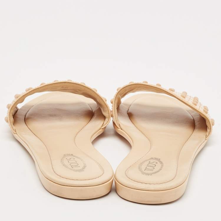 Pre Owned Tod's Beige Leather Studded Flat Slides Size 40 