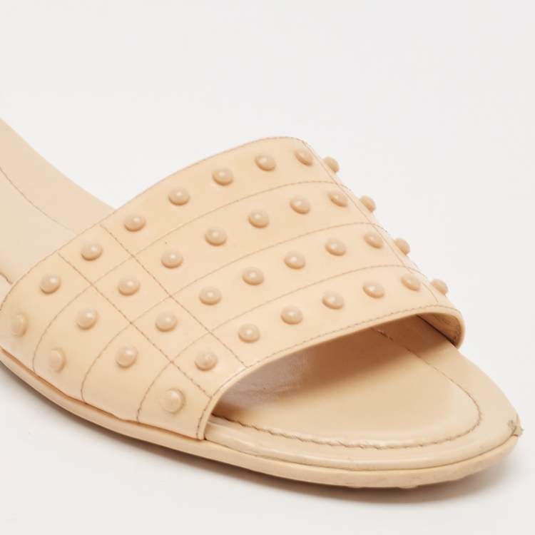 Pre Owned Tod's Beige Leather Studded Flat Slides Size 40 